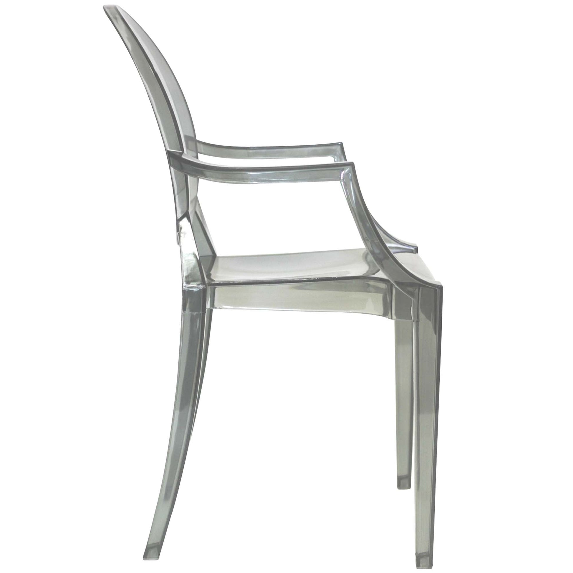 Black acrylic dining armchairs with arms, set of 2, modern curved silhouette.