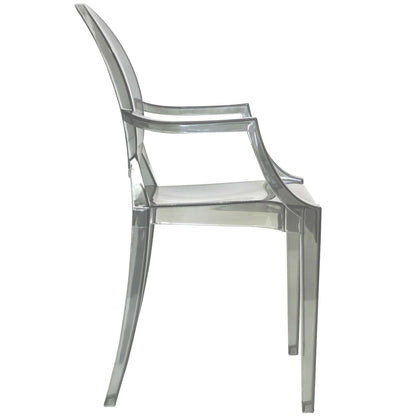 Black acrylic dining armchairs with arms, set of 2, modern curved silhouette.