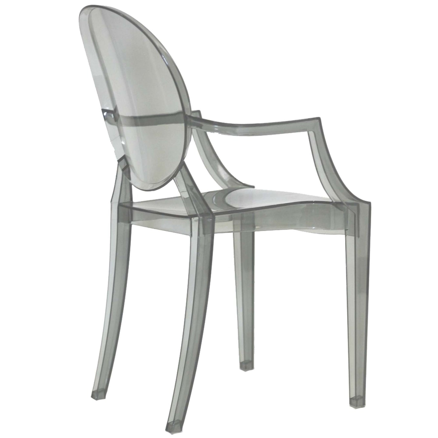 Black dining armchairs, set of 2, with oval back, square seat & angular arms; modern seating.