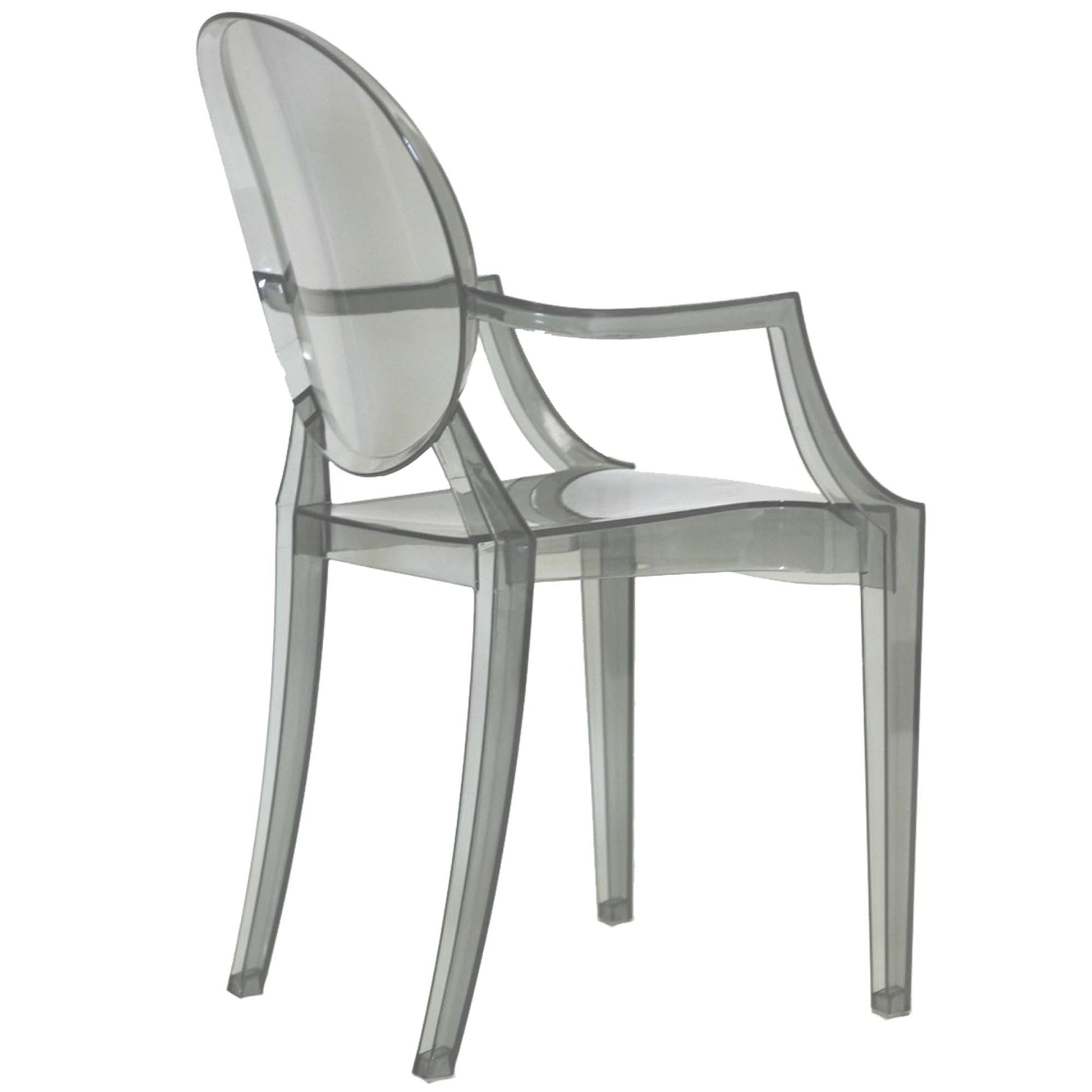 Black dining armchairs, set of 2, with oval back, square seat & angular arms; modern seating.