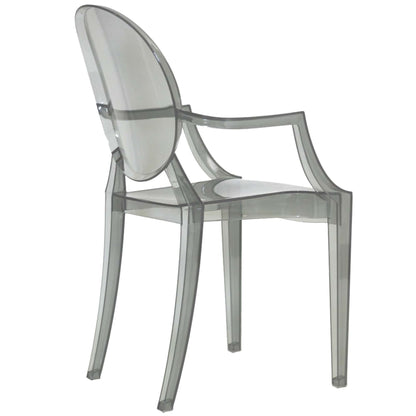 Black dining armchairs, set of 2, with oval back, square seat & angular arms; modern seating.