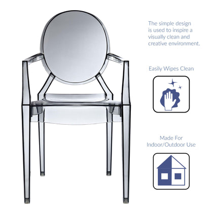 Black dining armchairs, set of 2, with circular back and straight tapered legs; indoor/outdoor use.
