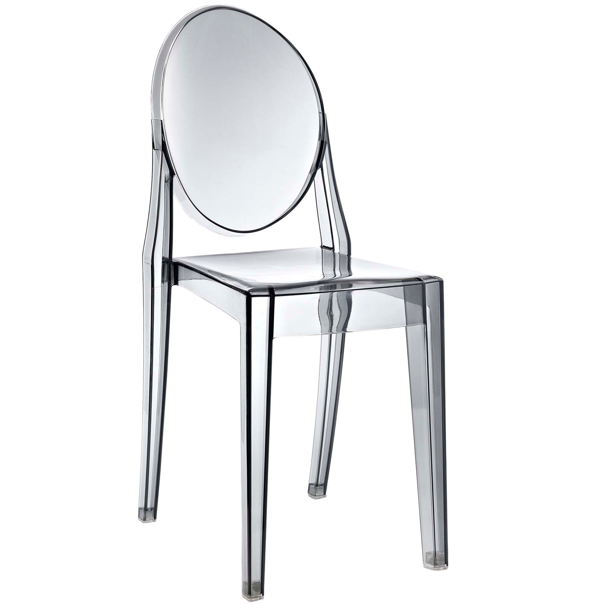 Clear acrylic dining chairs, set of 2, with round backrests and rectangular seats, modern Lucite-style furniture.