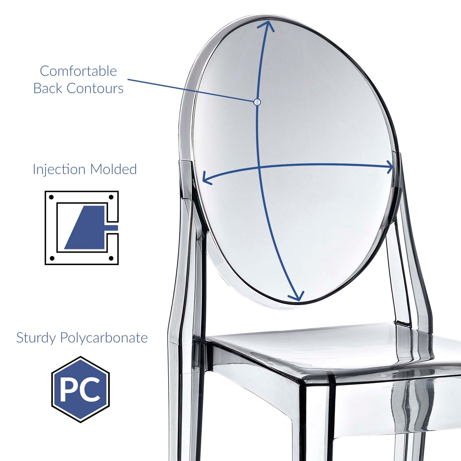 Set of 2 clear polycarbonate dining chairs with injection-molded backs and circular back contour diagram, PC material.