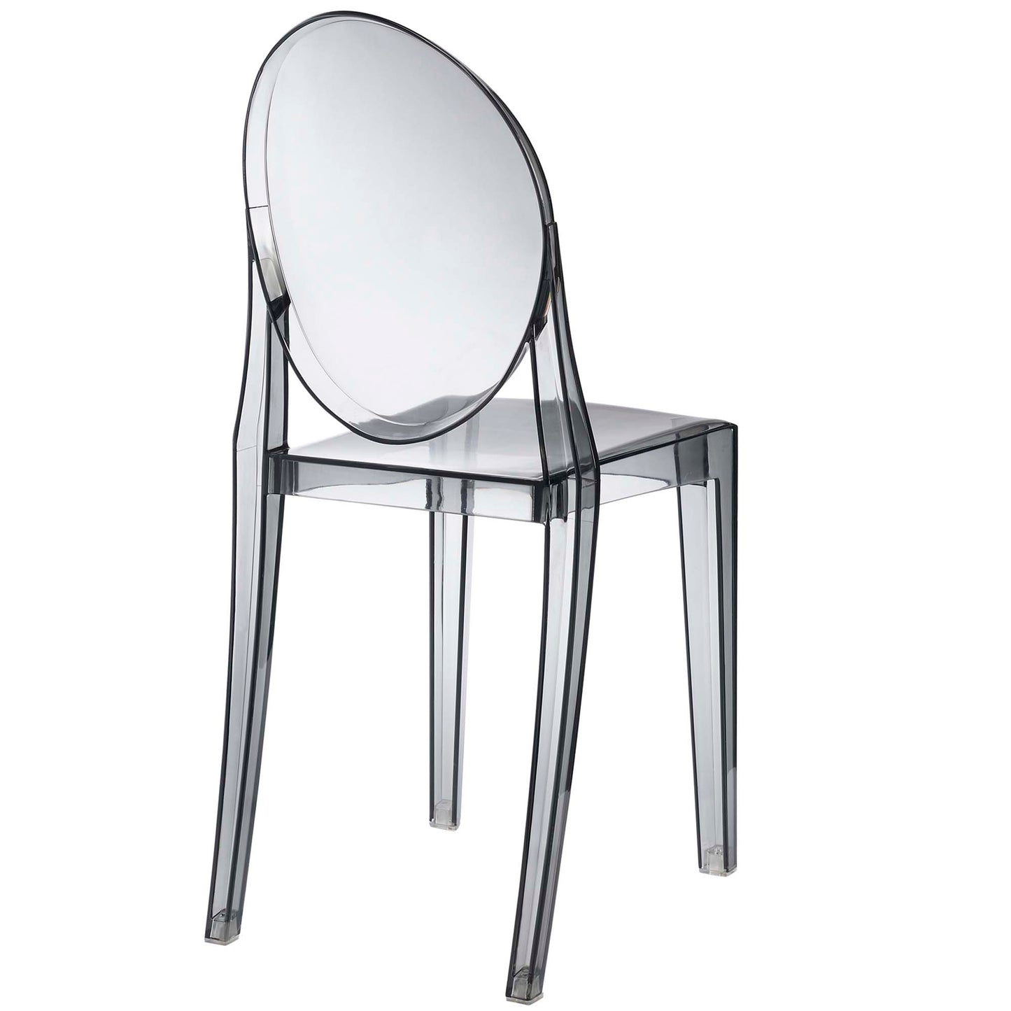 Smoky clear acrylic dining chair with rounded backrest, modern transparent seating.