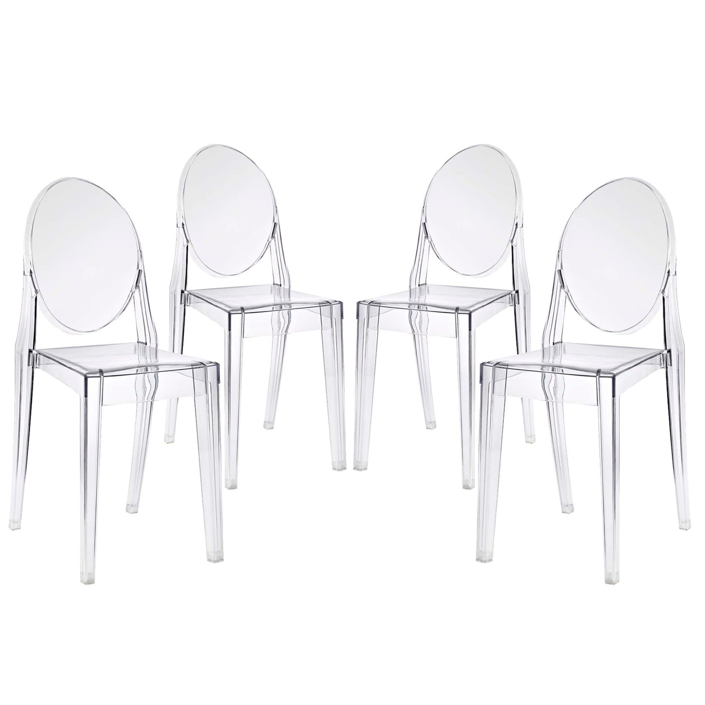 Four clear acrylic dining chairs with rounded backs and square seats; modern, transparent seating for stylish dining.