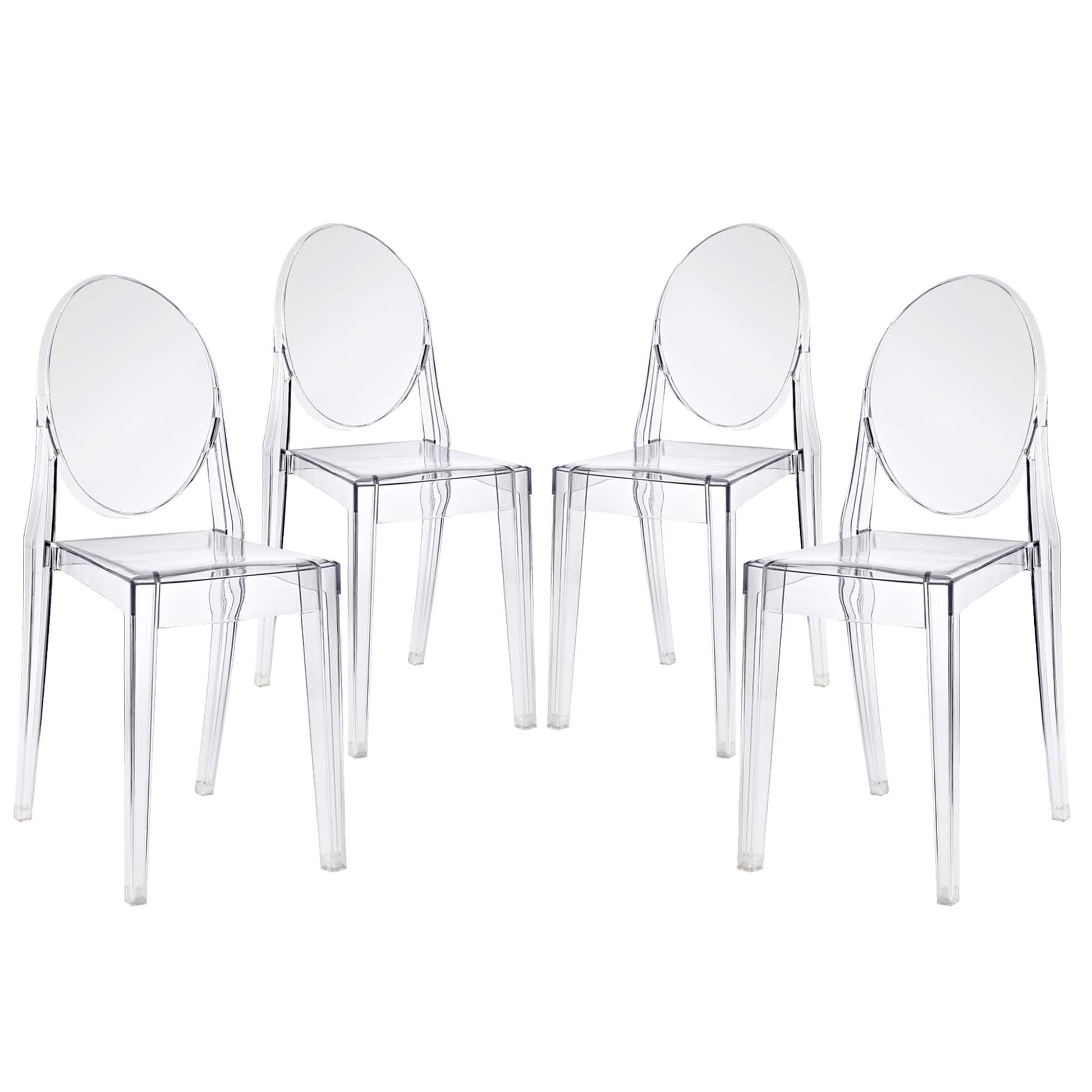 Four clear acrylic dining chairs with rounded backs and square seats; modern, transparent seating for stylish dining.