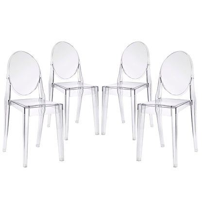 Four clear acrylic dining chairs with rounded backs and square seats; modern, transparent seating for stylish dining.