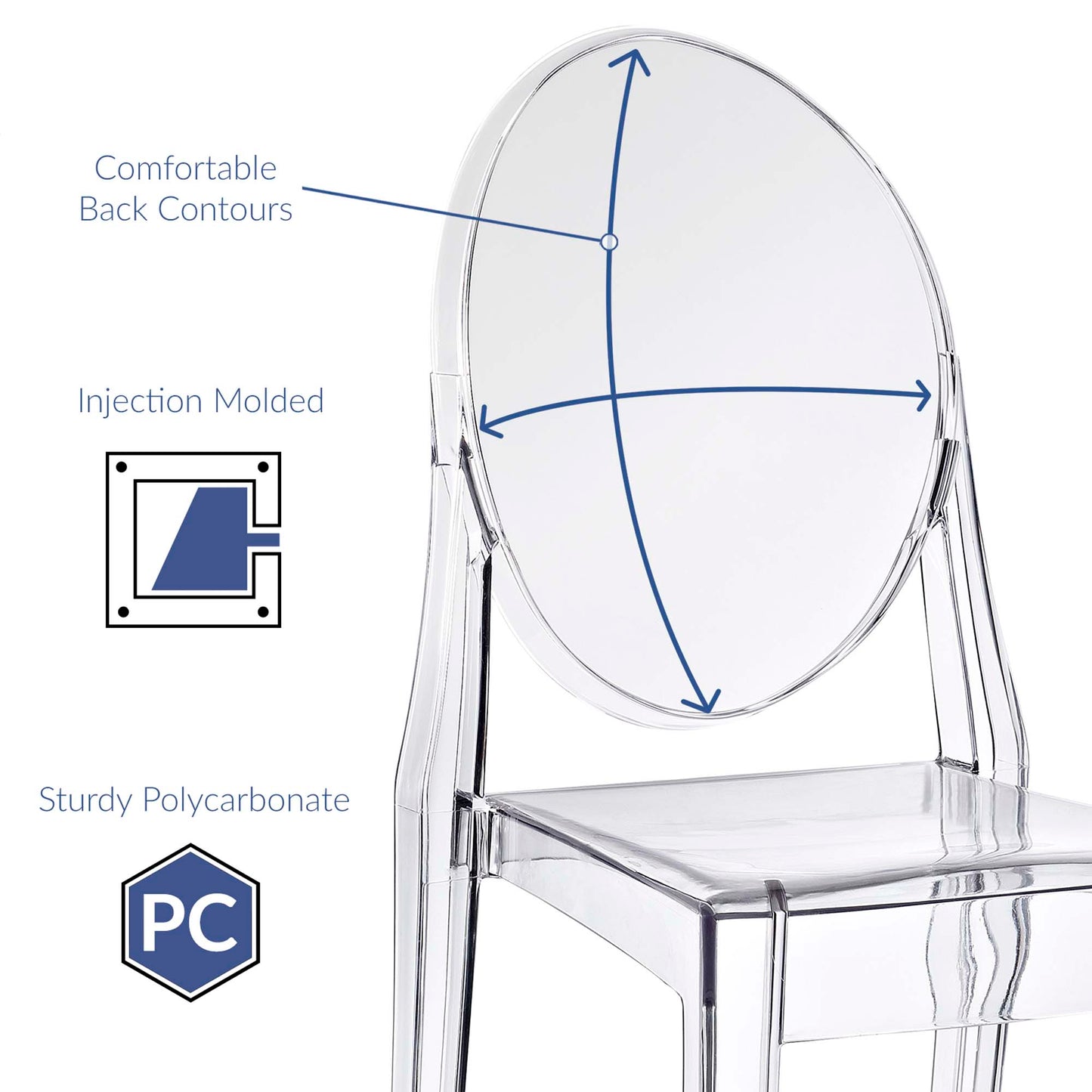 Clear polycarbonate dining chairs with round backrests; injection-molded, modern transparent seating for dining or vanity areas.