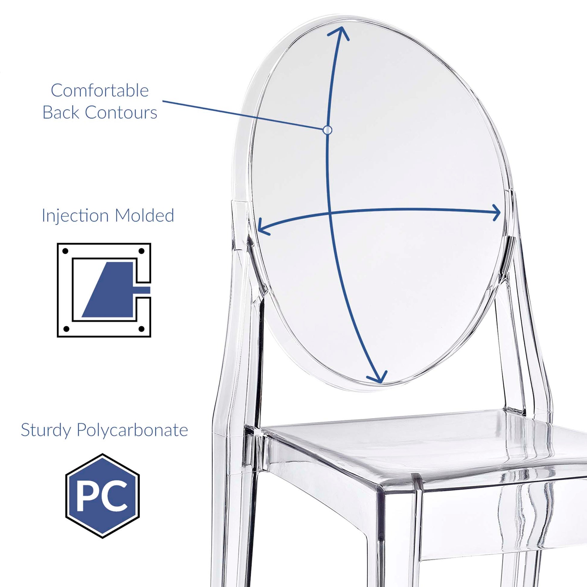 Clear polycarbonate dining chairs with round backrests; injection-molded, modern transparent seating for dining or vanity areas.