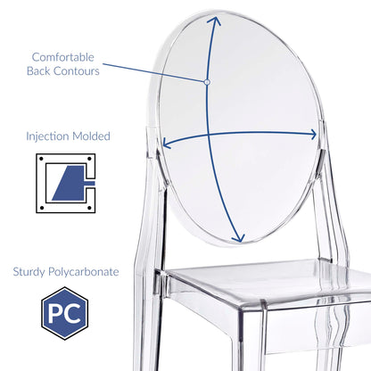 Clear polycarbonate dining chairs with round backrests; injection-molded, modern transparent seating for dining or vanity areas.