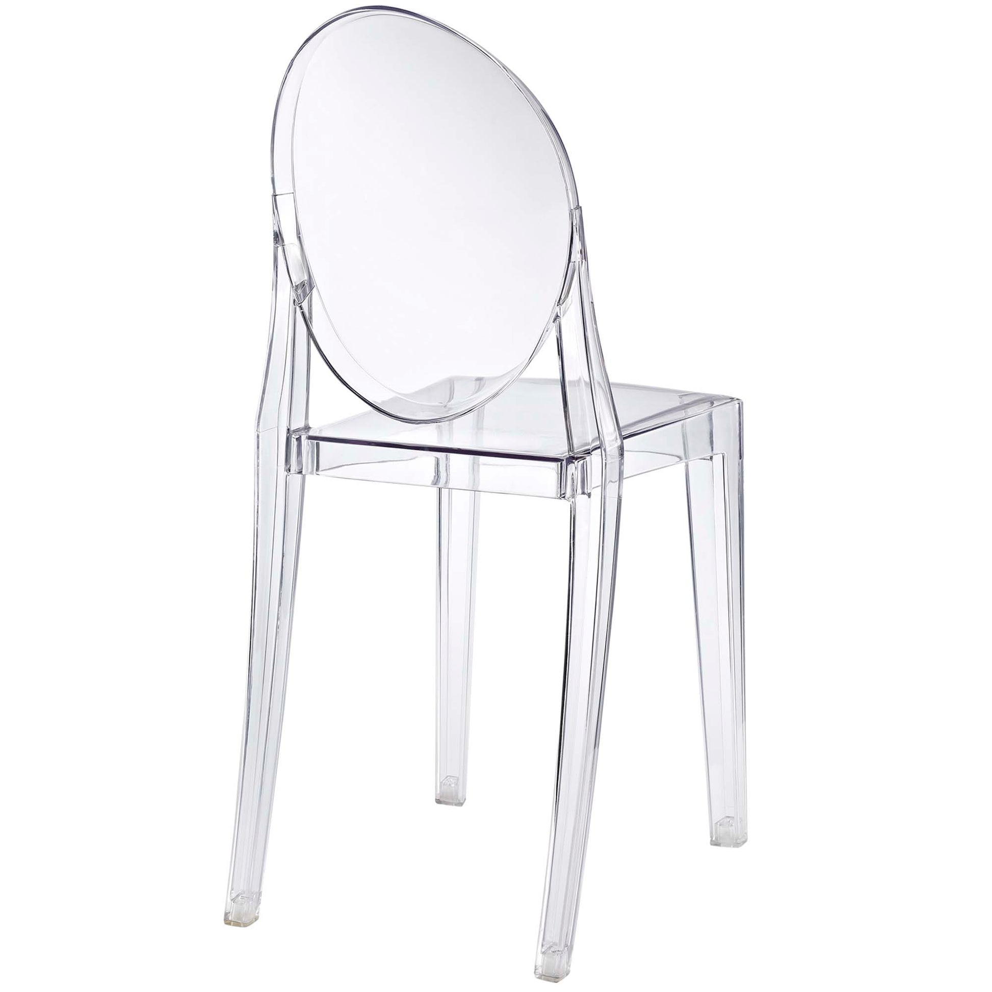 Clear acrylic dining chairs set of 4 with round backrests and straight legs; modern transparent seating.