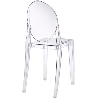 Clear acrylic dining chairs set of 4 with round backrests and straight legs; modern transparent seating.