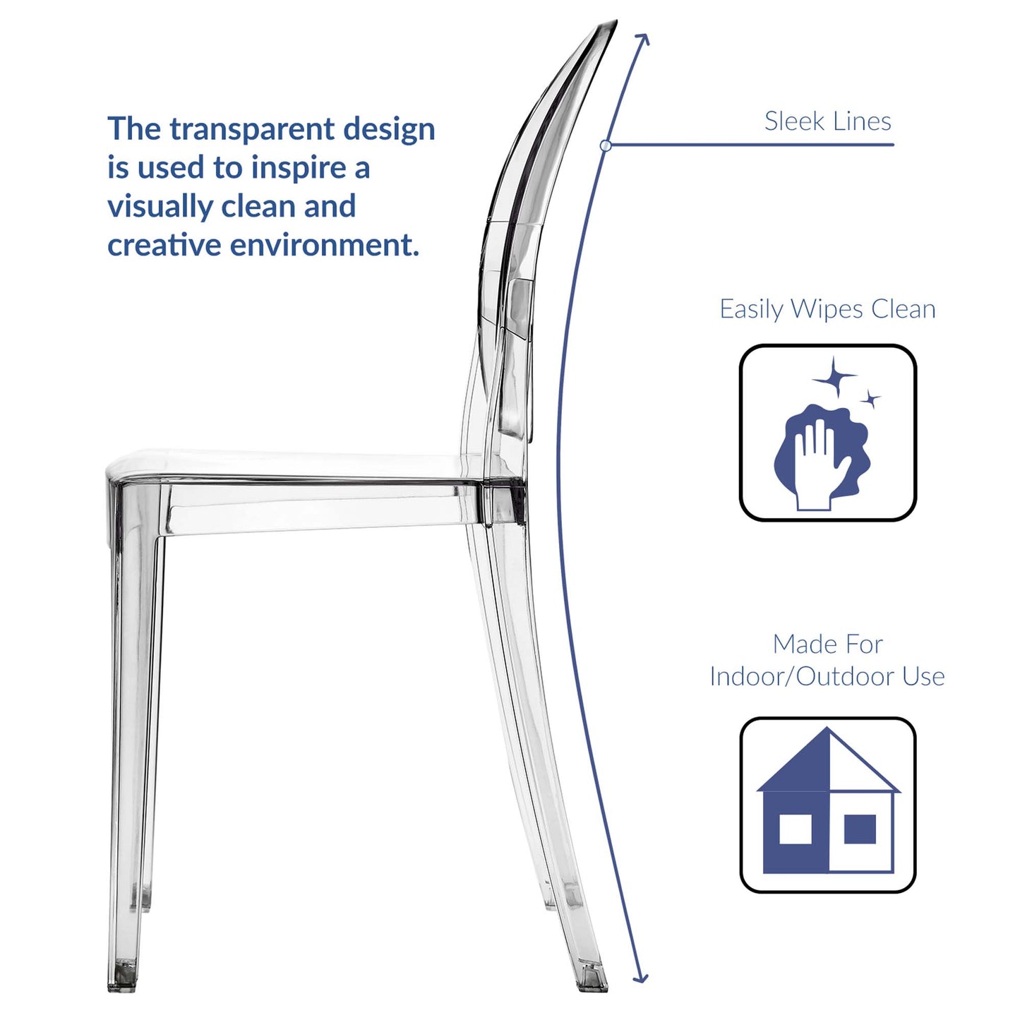 Transparent acrylic dining chairs; sleek lines; modern clear design; easy to wipe clean; set of 4; indoor/outdoor use.