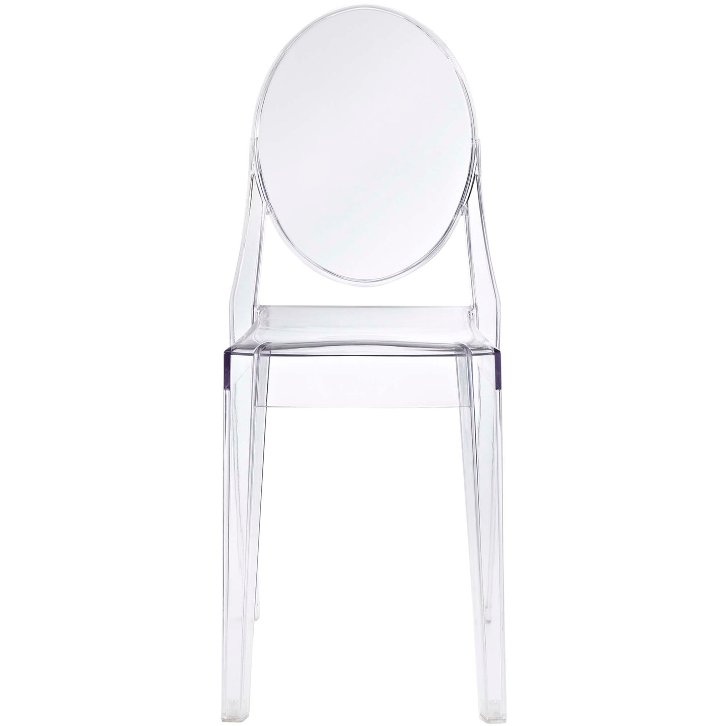 Clear acrylic chair with rounded back, modern transparent seating.