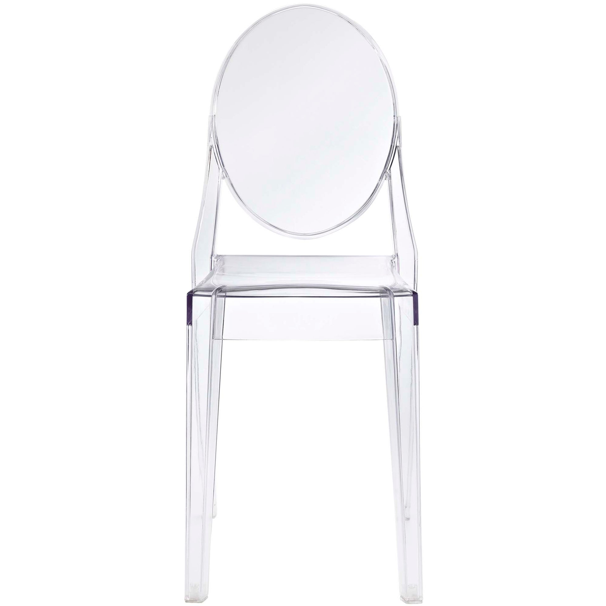 Clear acrylic chair with rounded back, modern transparent seating.