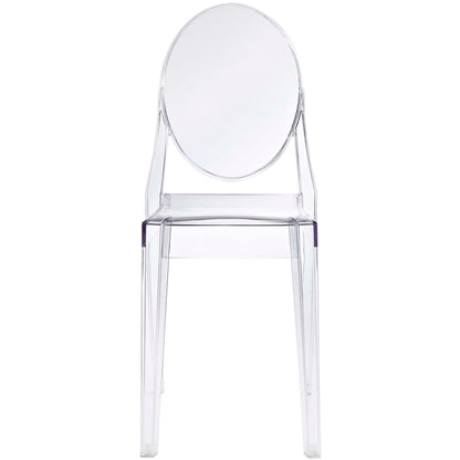 Clear acrylic chair with rounded back, modern transparent seating.