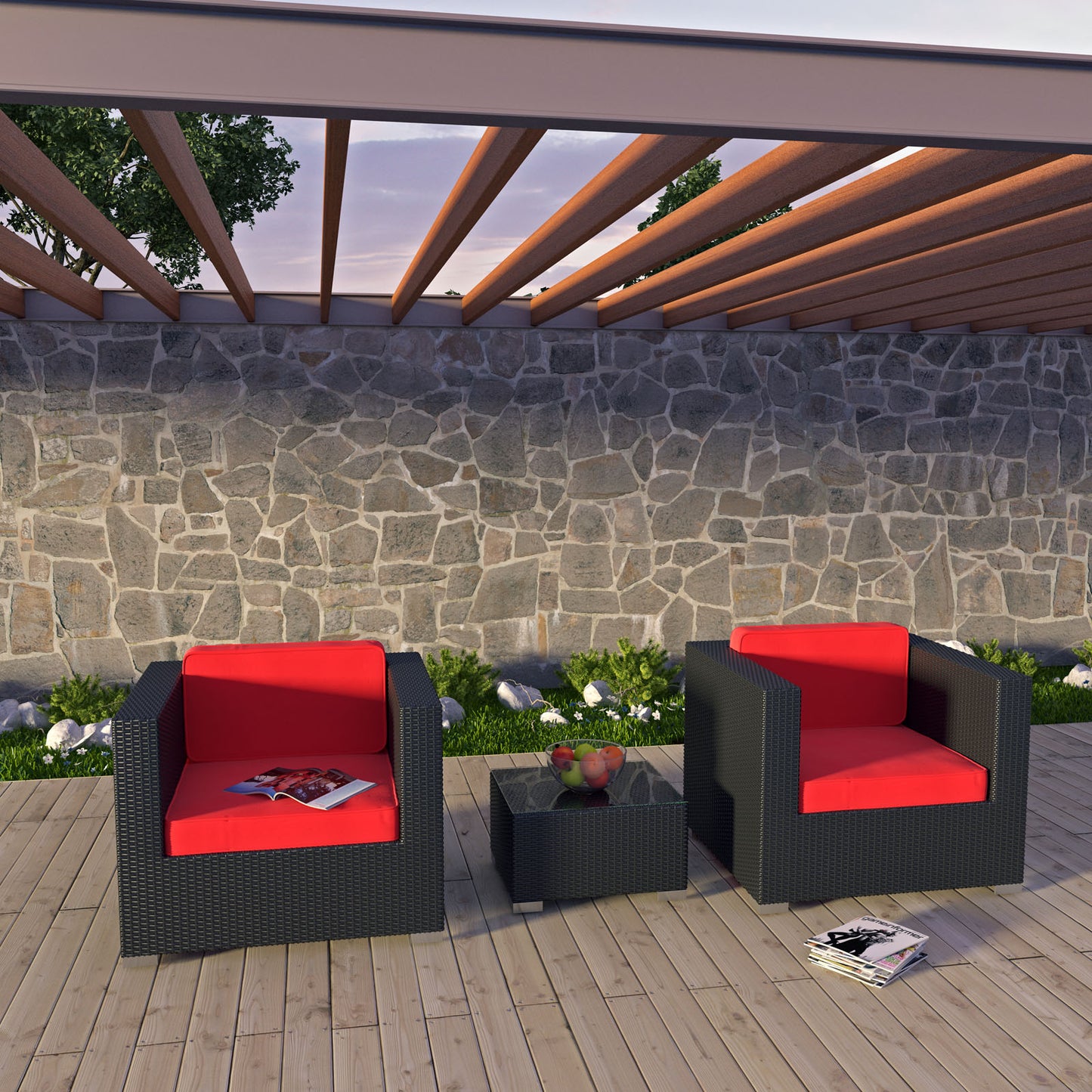 Modway Outlet Burrow 3 Piece Outdoor Patio Sofa Set by Modway  Outdoor Furniture Furniture Espresso Red - EEI-995-EXP-RED-SET