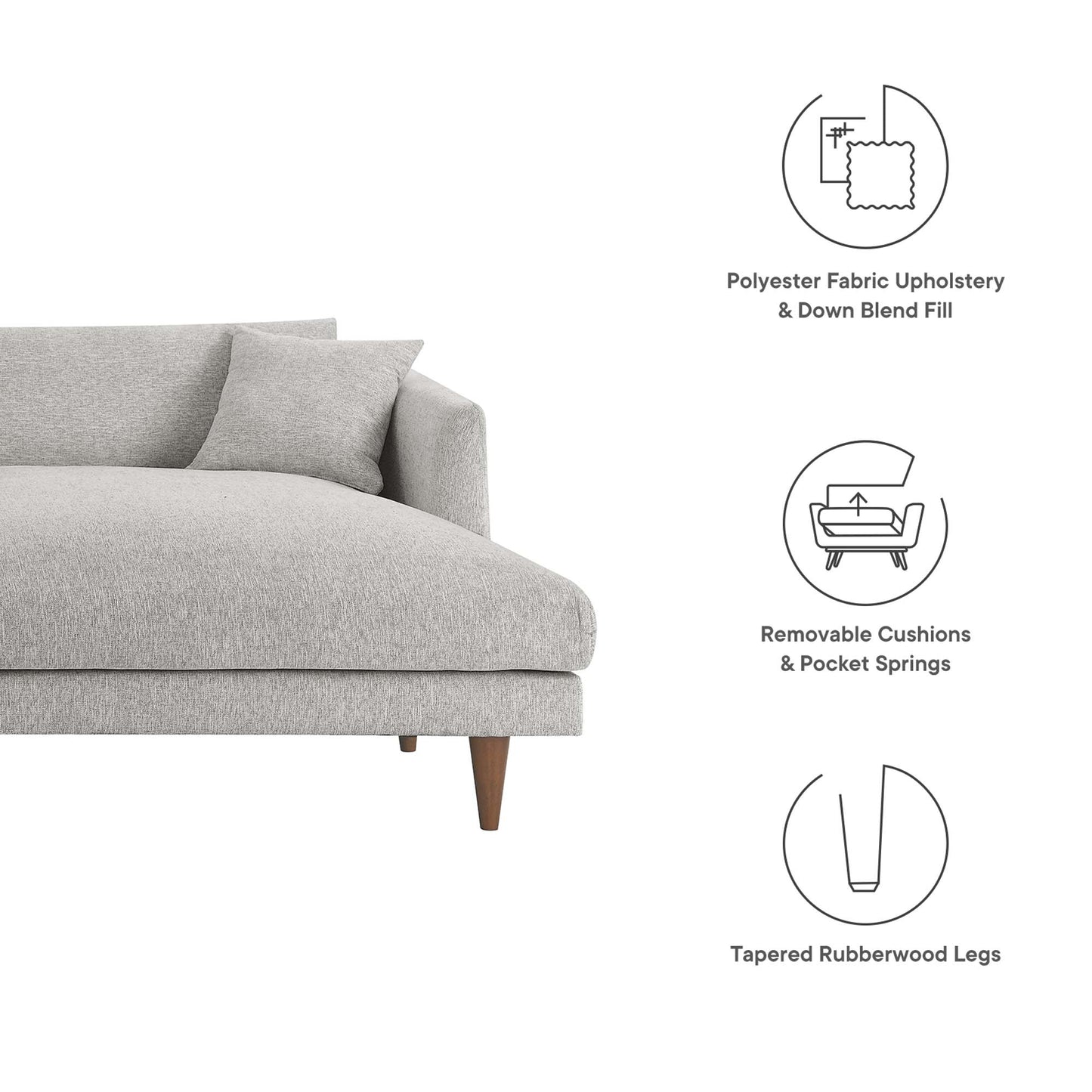 Modern light gray fabric sectional sofa (right-facing) with tapered rubberwood legs, removable cushions and down-filled, overstuffed seating.