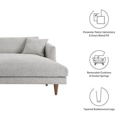 Modern light gray fabric sectional sofa (right-facing) with tapered rubberwood legs, removable cushions and down-filled, overstuffed seating.