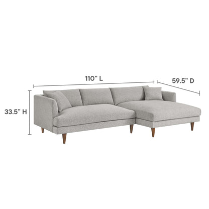 Light gray fabric sectional with chaise, mid-century wooden legs and three back cushions; 110" L, 59.5" D, 33.5" H