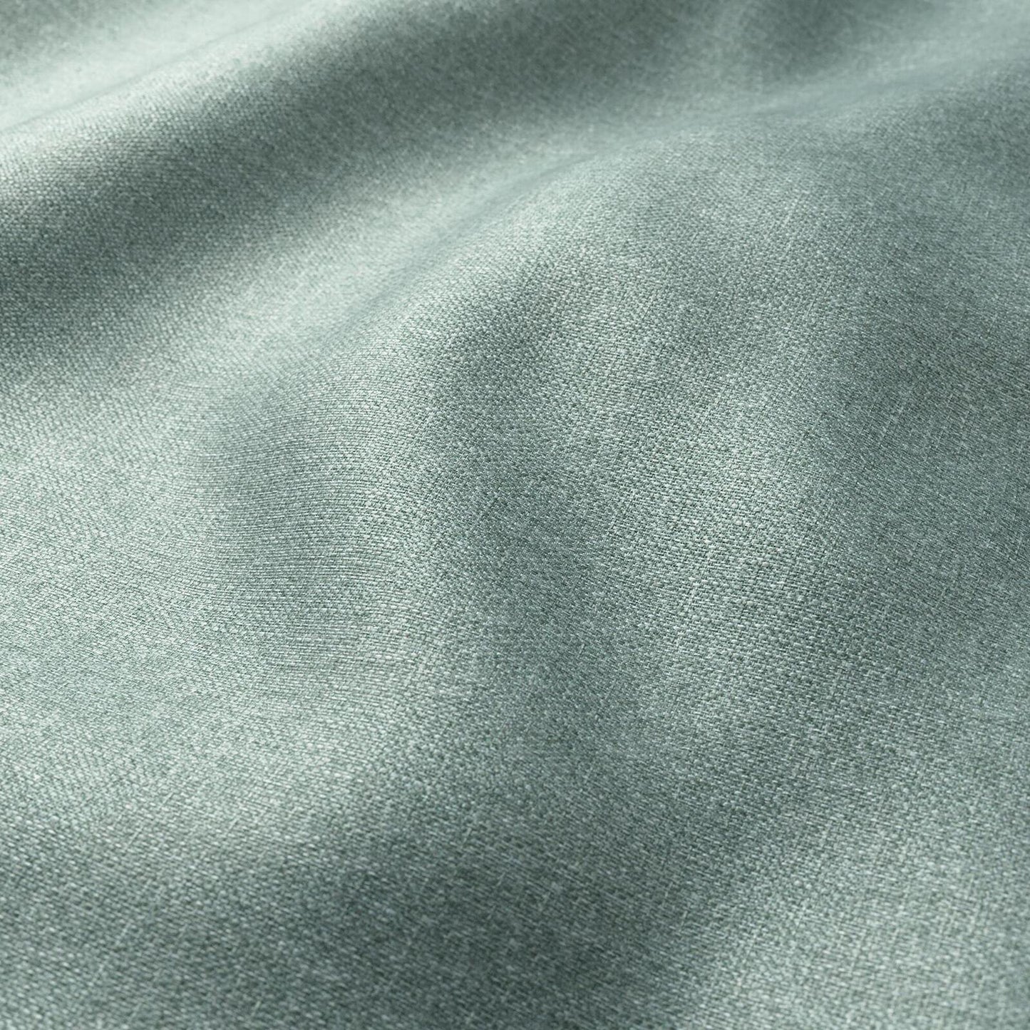 Seafoam green fabric with fine weave and soft drape; lightweight cotton-linen blend.
