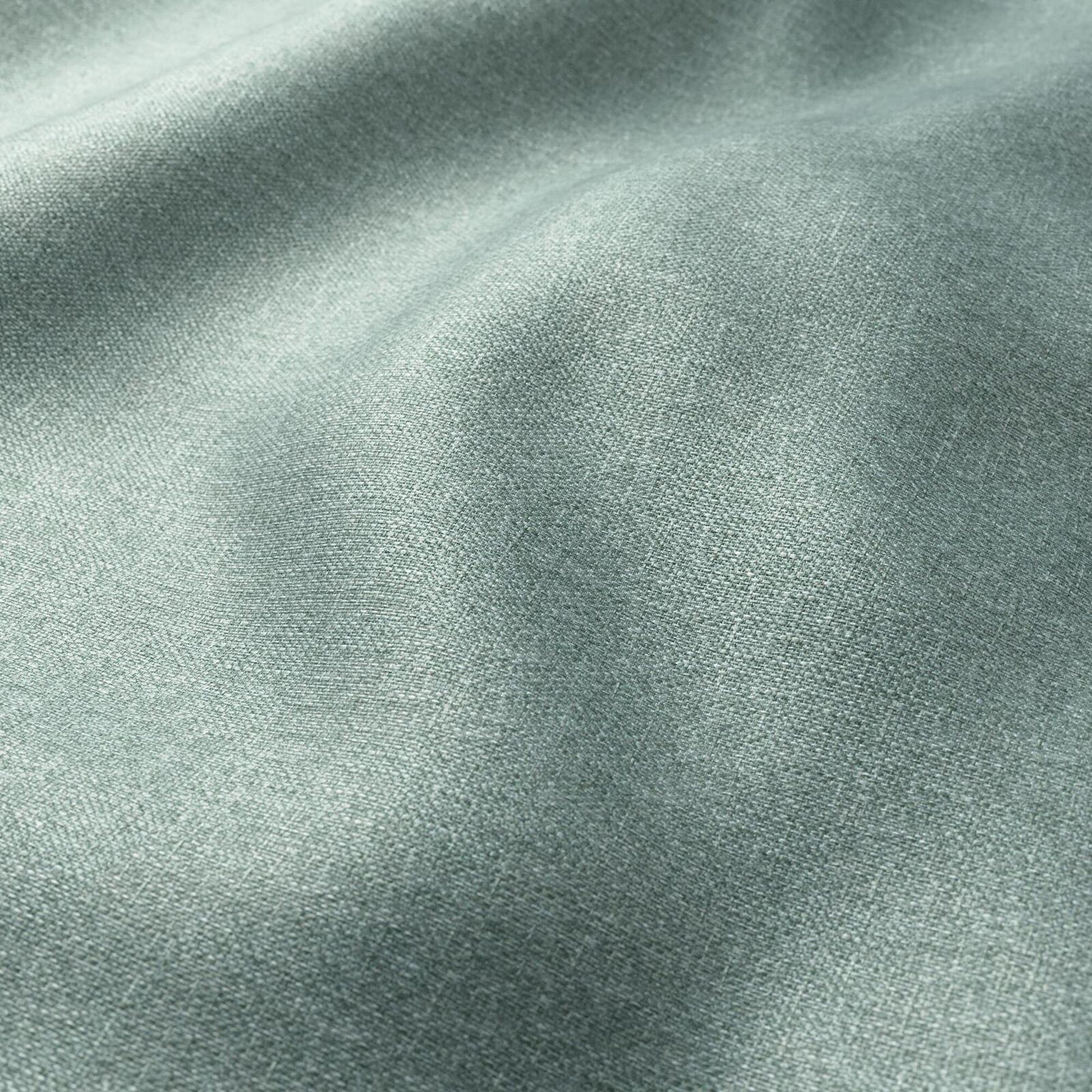Seafoam green fabric with fine weave and soft drape; lightweight cotton-linen blend.
