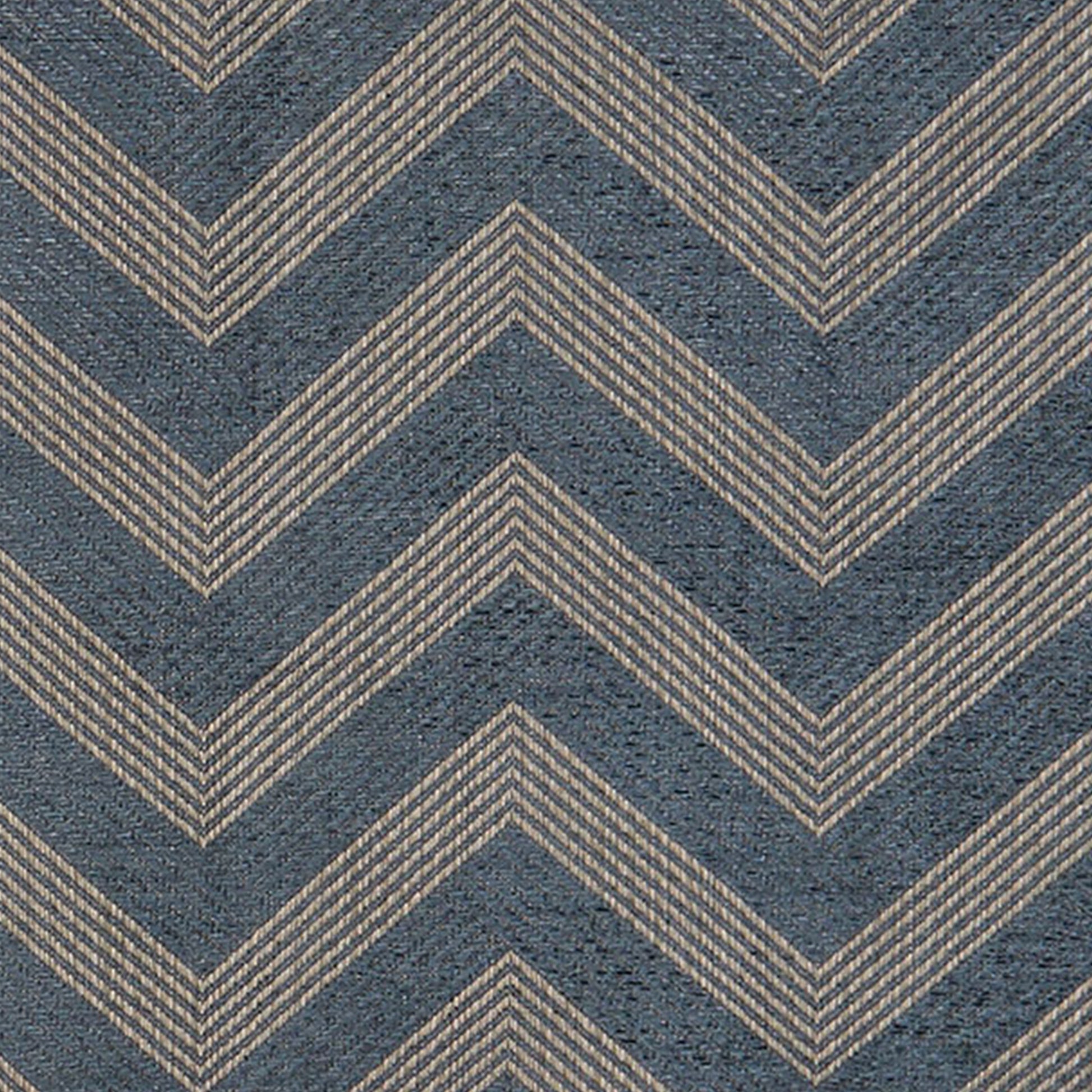 Blue and beige chevron-patterned fabric with textured weave; modern geometric textile suitable for upholstery, cushions, or home décor.