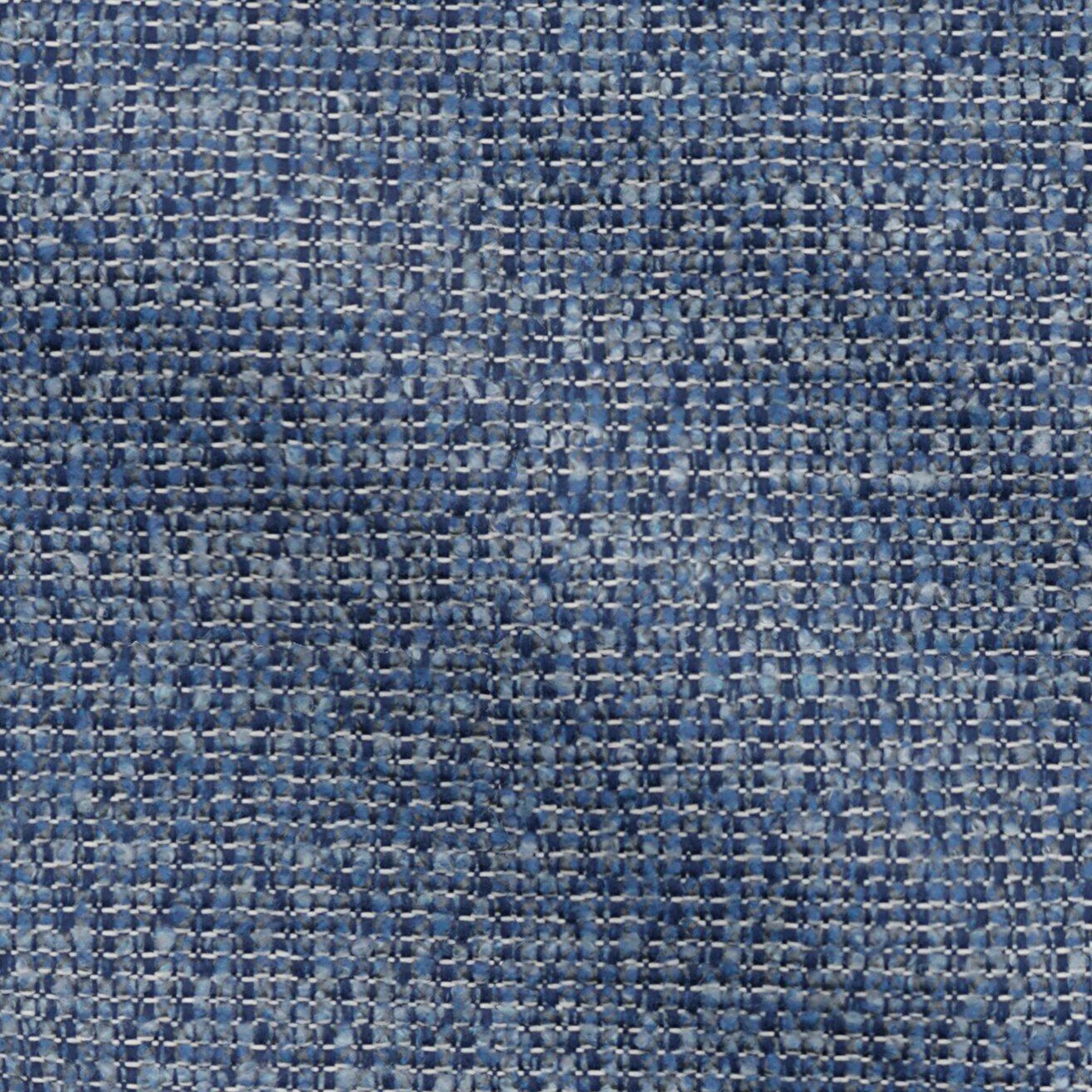 Close-up of blue basketweave fabric with dark and light blue threads in a tight weave.