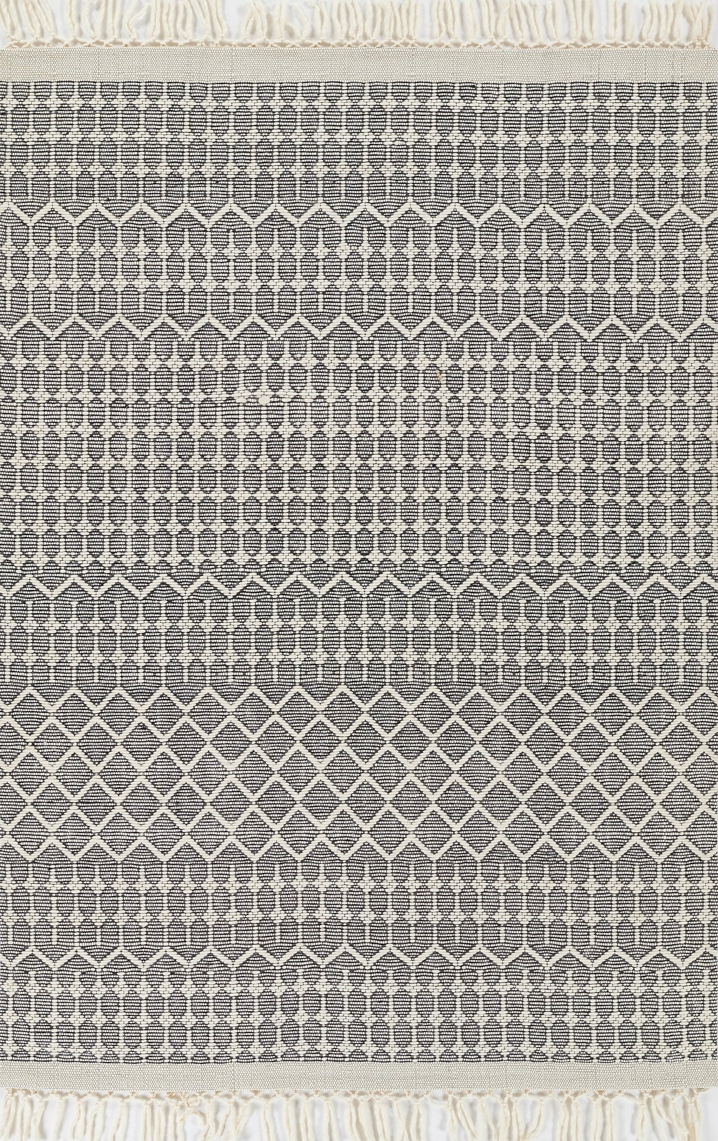 Charcoal gray woven rug with cream geometric diamond lattice bands and cream fringe.