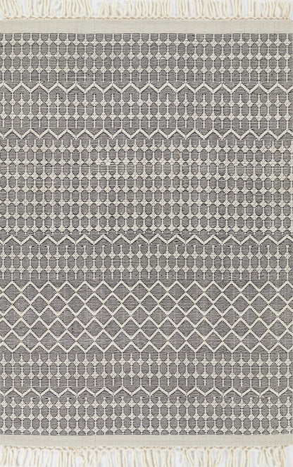 Grey and ivory geometric woven rug with lattice stripes and fringe at ends.