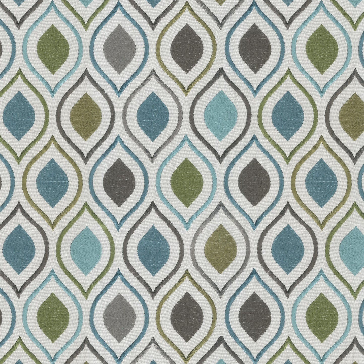 Textured fabric with ogee embroidery pattern in teal, blue, olive & gray on white.