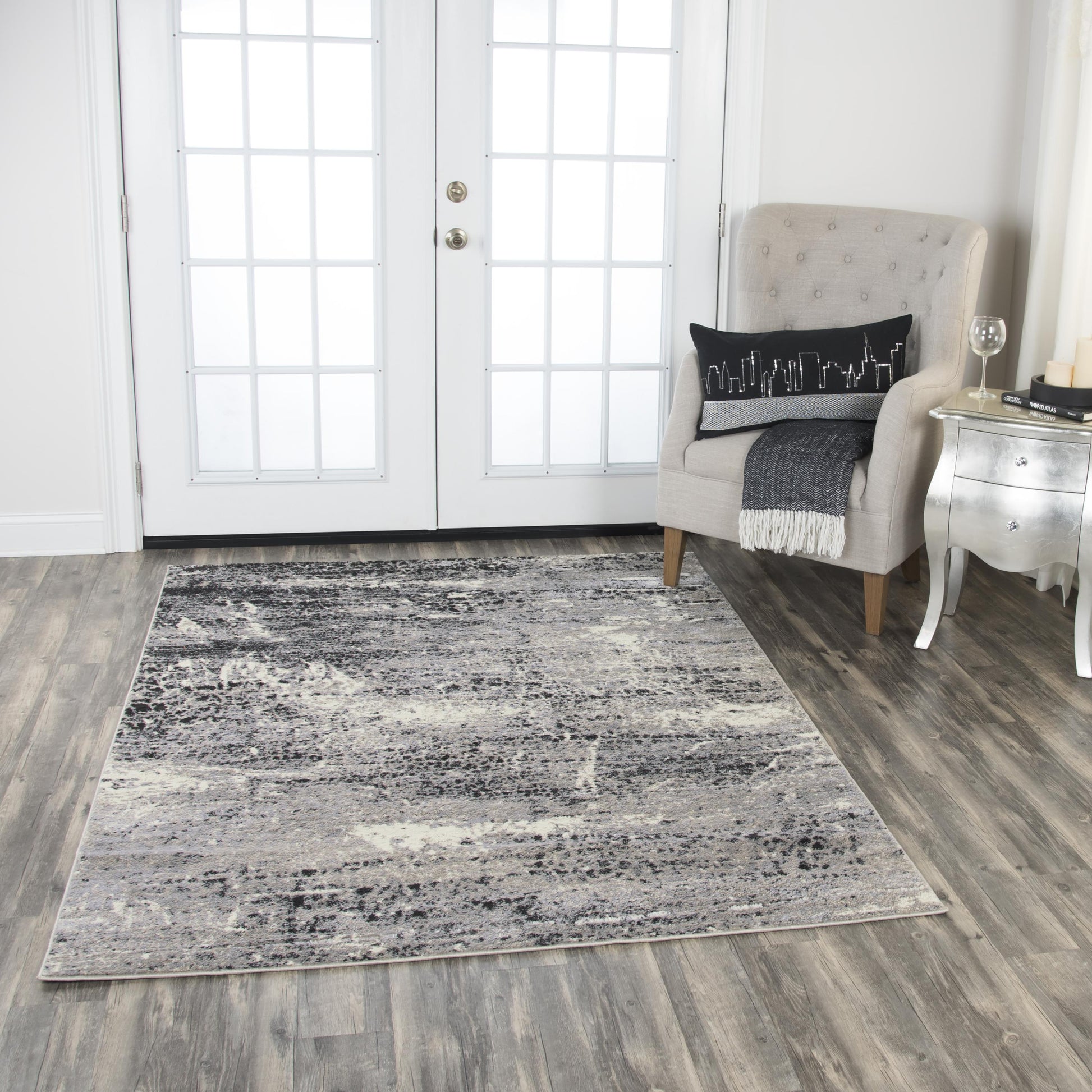 Modern abstract 8×10 area rug in neutral tones with layered contemporary pattern, large living room rug for modern, minimalist, and transitional home décor, soft textured statement floor covering.