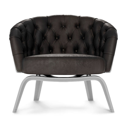 Dark brown tufted fabric lounge chair with barrel-style back, round seat cushion, and light gray metal sled legs.