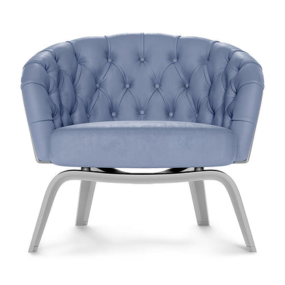 Dove solid fabric tufted barrel chair with button back, round metal base and curved gray metal legs for a modern lounge.
