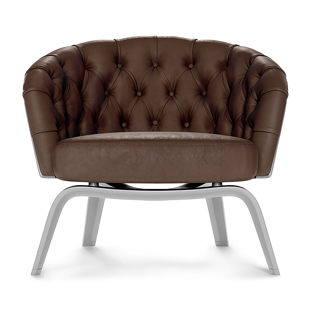 Brown tufted fabric lounge chair with curved arms and silver metal legs, modern compact design.