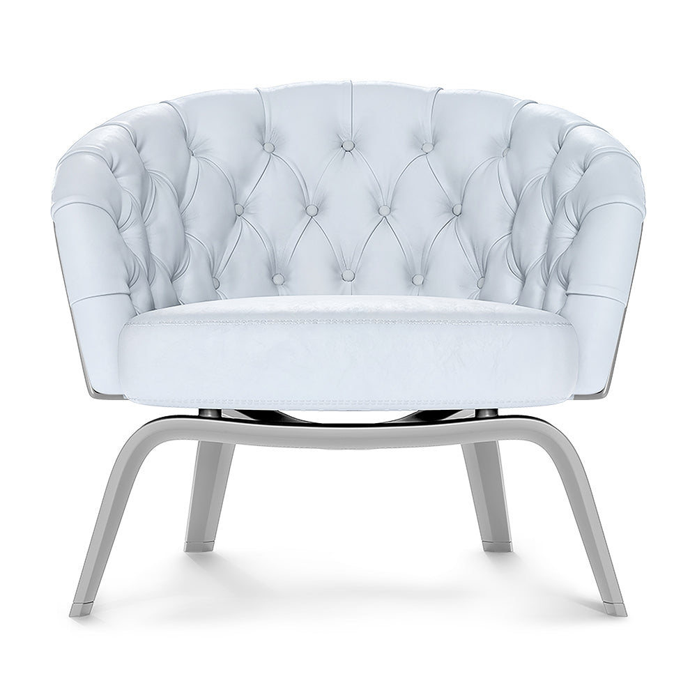 White solid-fabric upholstered lounge chair.