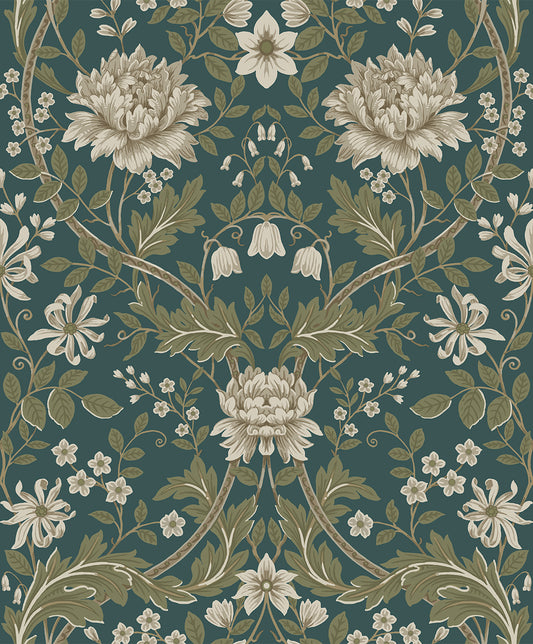 Etten Studios Etten Prepasted Wallcoverings Honeysuckle Floral Prepasted Floral Vintage Teal Matte Sidewall - EP10004