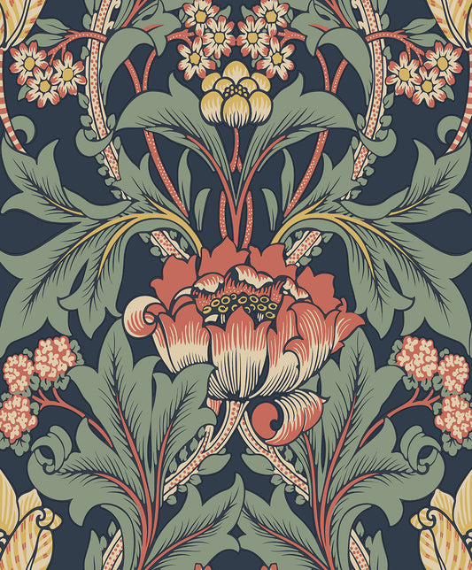 Etten Studios Etten Prepasted Wallcoverings Primrose Garden Floral Prepasted Floral Vintage  Denim Blue & Auburn Matte Sidewall - EP10202