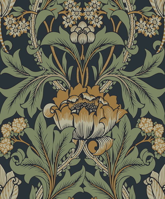 Etten Studios Etten Prepasted Wallcoverings Primrose Garden Floral Prepasted Floral Vintage Blue & Goldenrod Matte Sidewall - EP10204