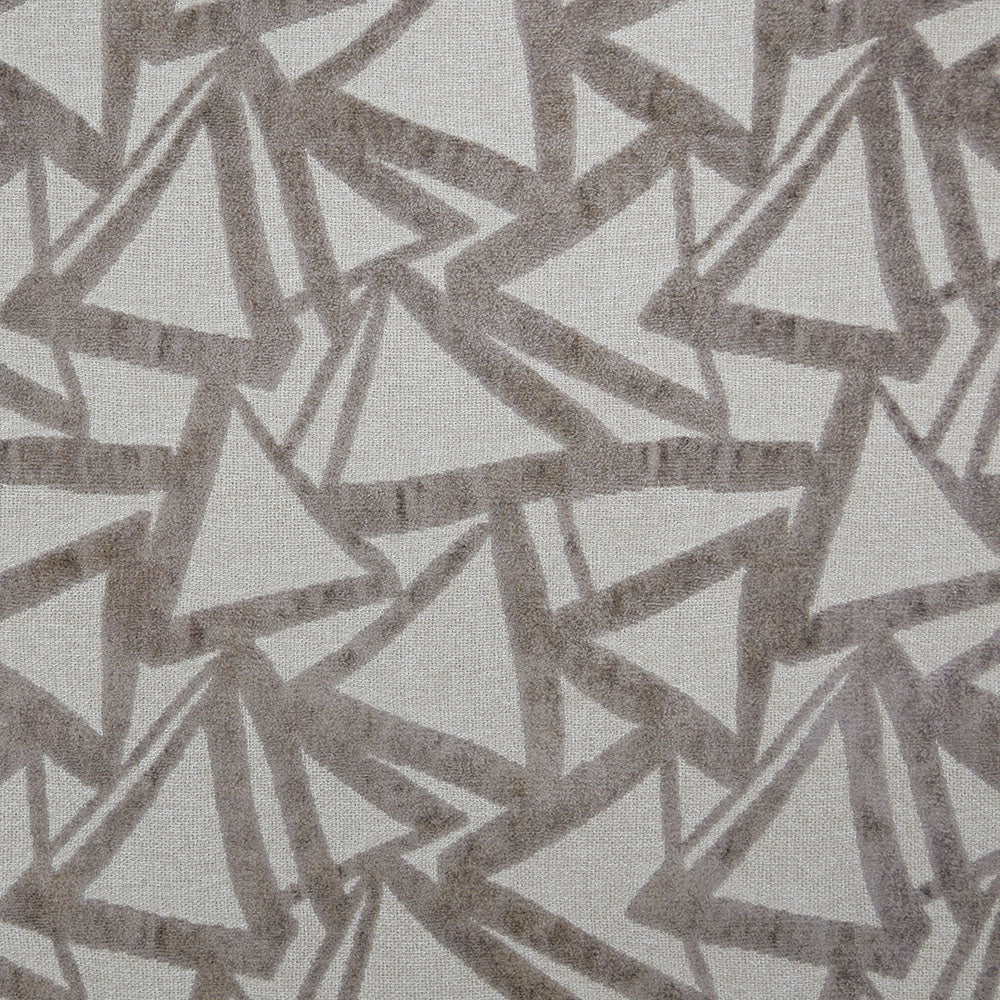 Taupe triangular geometric pattern on light gray textured fabric; modern upholstery or cushion material.