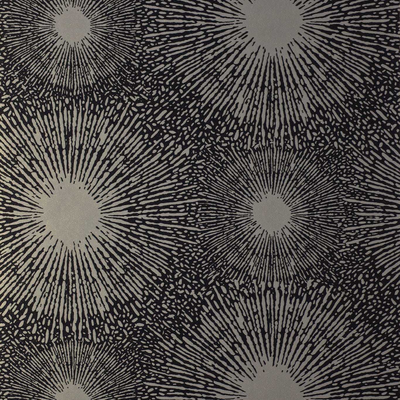 Beige sunburst pattern on a dark charcoal background; vintage mid-century wallpaper print.