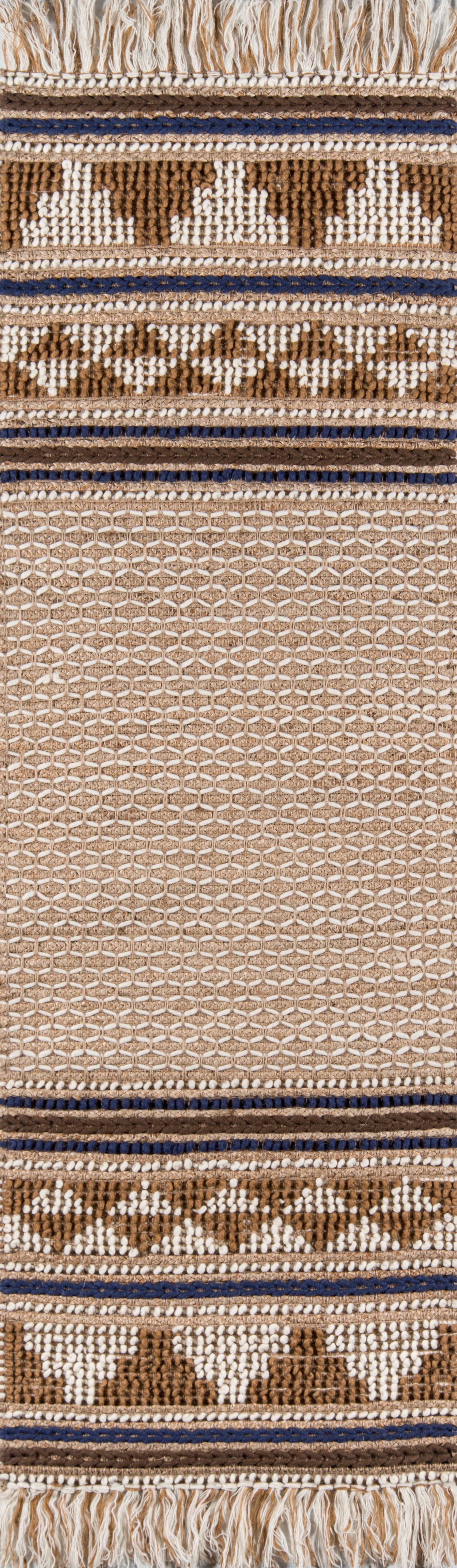 Beige woven rug with brown geometric bands, blue accents, and a fringed edge.