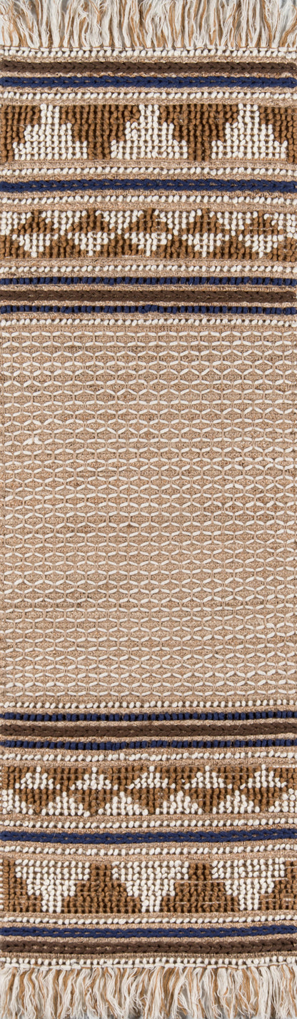 Beige woven rug with brown geometric diamonds, cream bands, navy stripes and fringe edge.