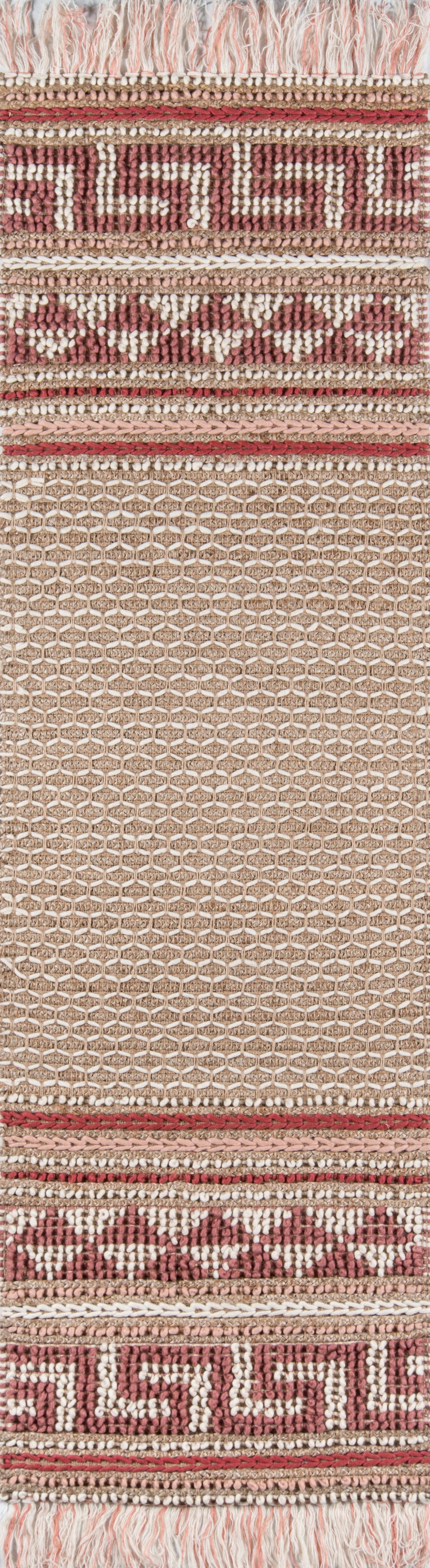 Woven rug in pink and beige with geometric meander and diamond motifs, fringe edge, 5' x 7'.