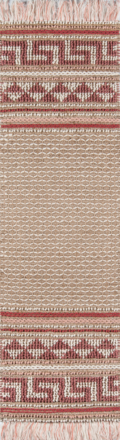 Beige woven rug with pink & maroon geometric borders, Greek key motifs & fringed edge.