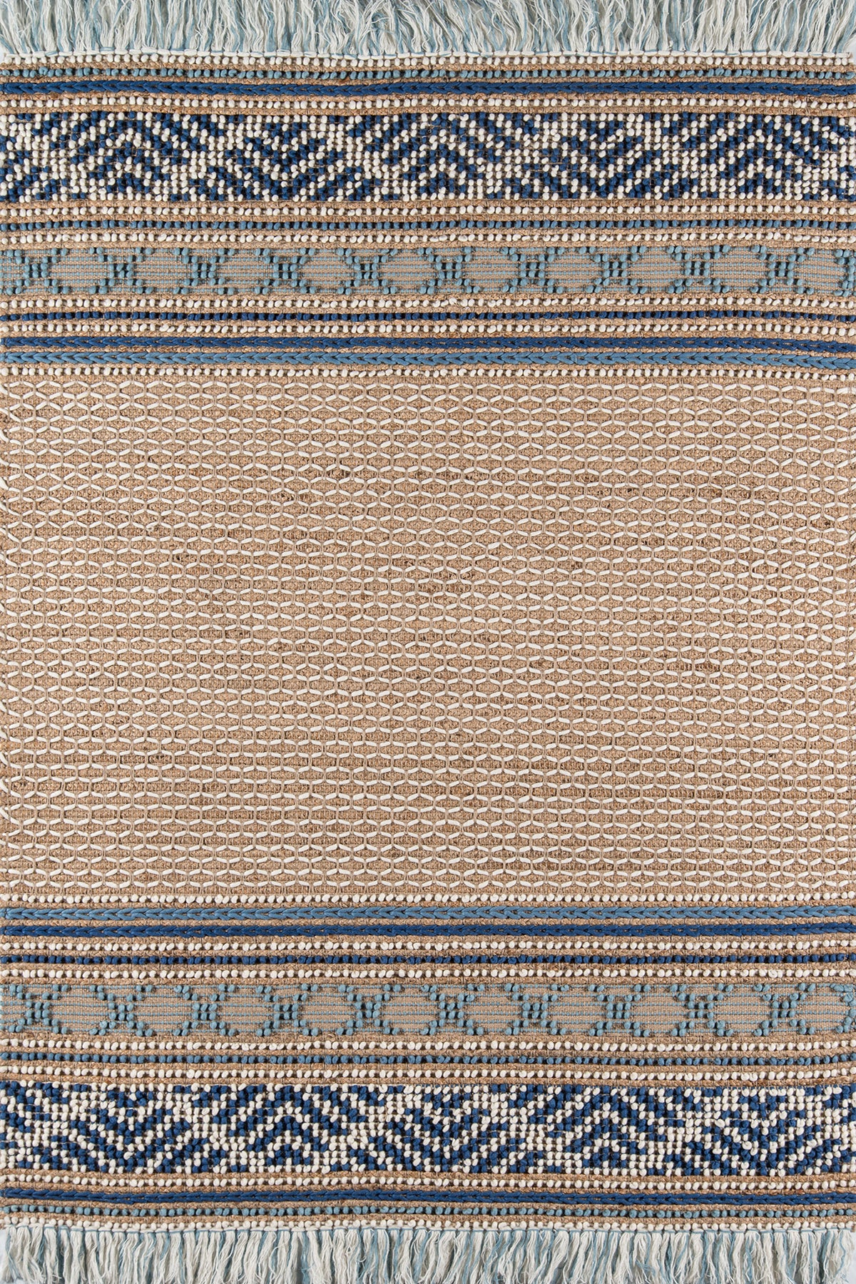 Woven rug with beige central panel, blue-navy geometric borders and cream accents, fringe at the top.