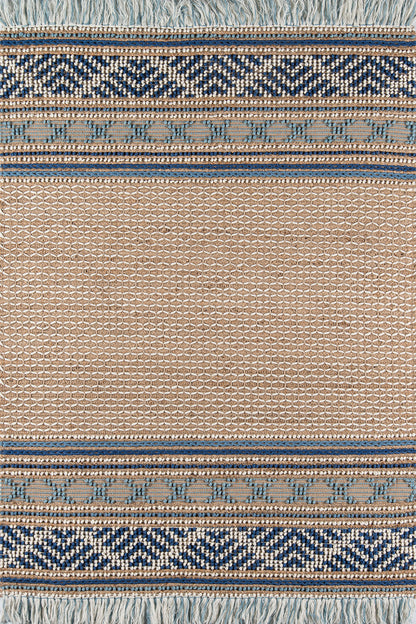 Woven rug with beige central panel, blue-navy geometric borders and cream accents, fringe at the top.