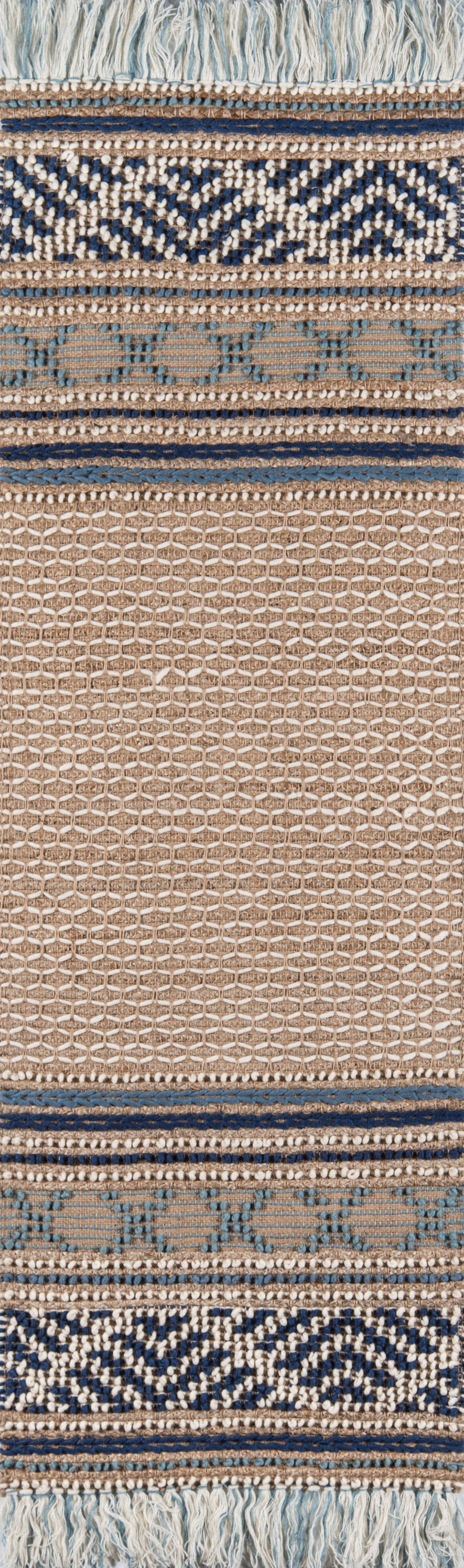 Blue and beige woven rug with geometric chevron bands and fringe trim along the edge.