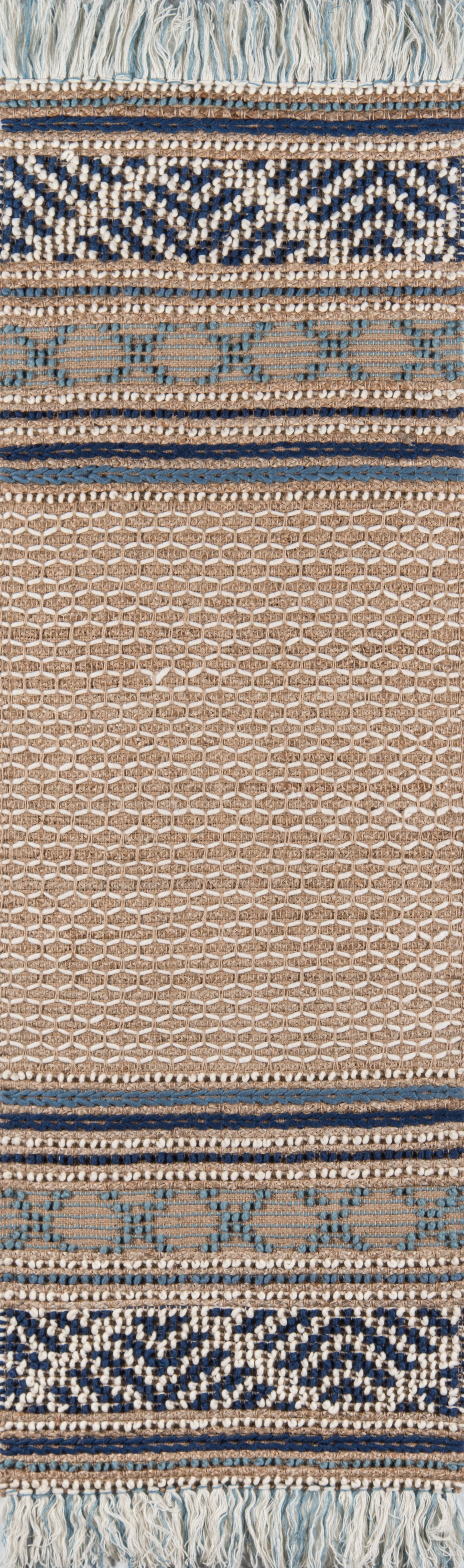 Blue and beige woven rug with geometric chevron bands and fringe trim along the edge.